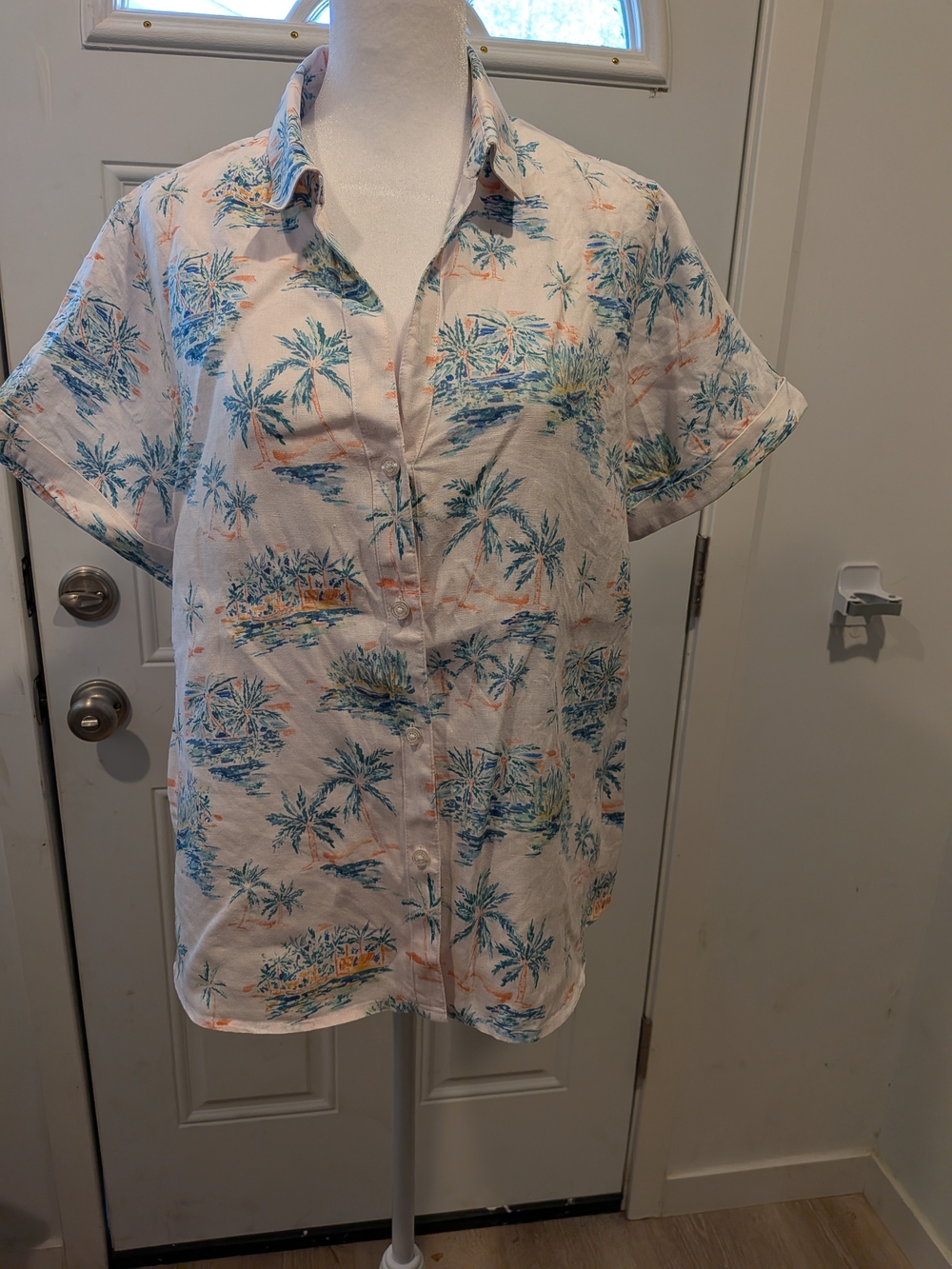 Tommy Bahama Cream Linen Short-Sleeve Button-Down with Tropical Print